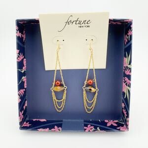 Fortune New York Chain Drop‎ Earrings Gold Tone with Red and Amber Beads